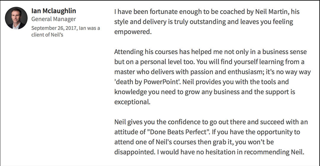 LinkedIn Recommendation of Neil Martin - Speaker, Trainer and Coach